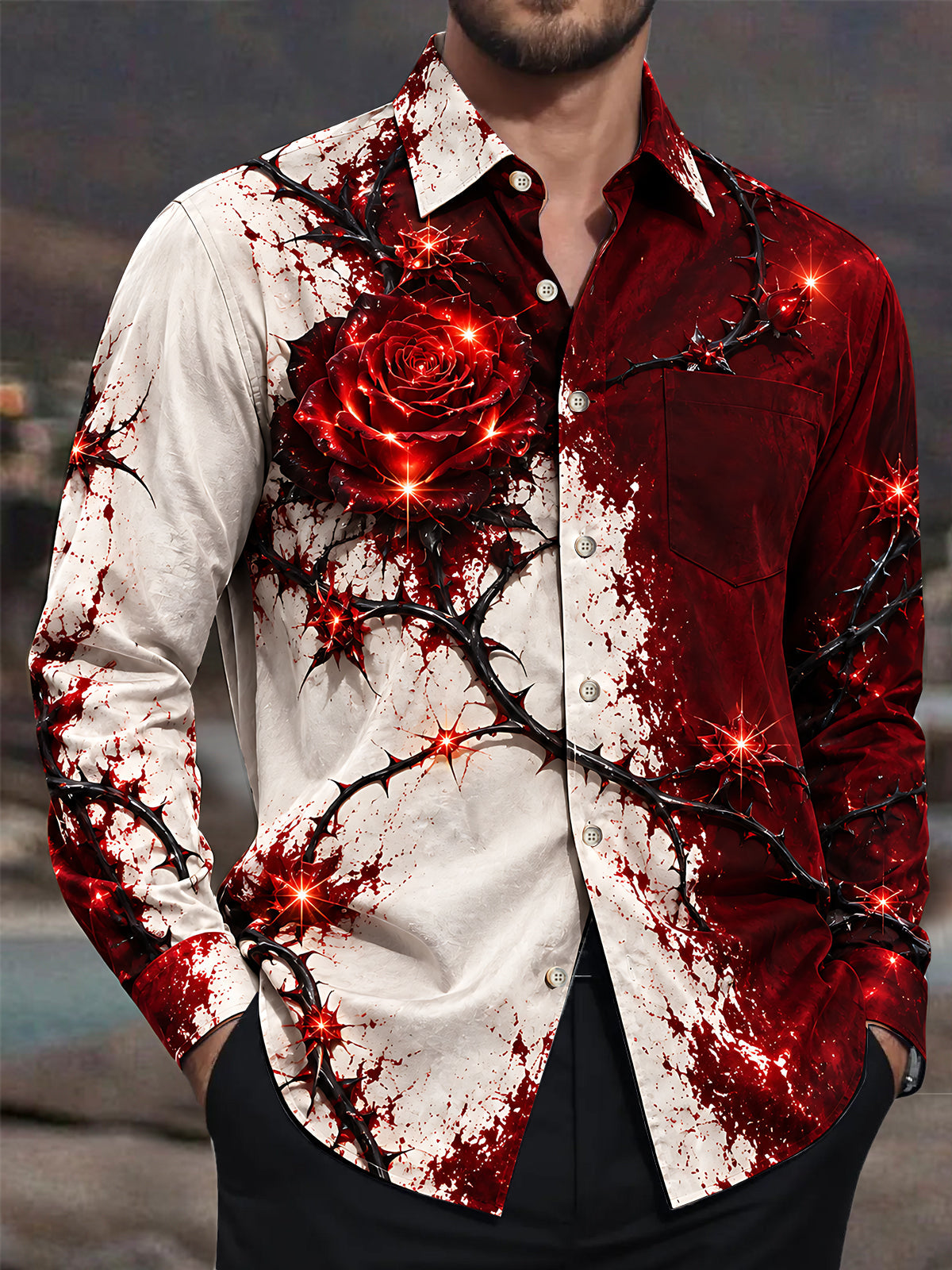 Adaychic Men's Printed Red Rose And Black Thorns Print Long Sleeve Shirt with Chest Pocket
