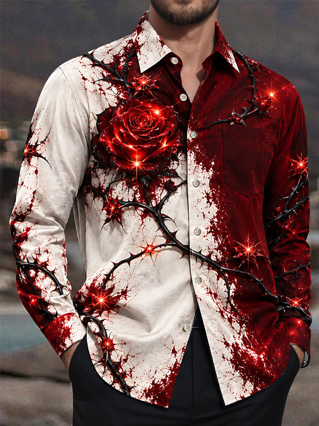 Adaychic Men's Printed Red Rose And Black Thorns Print Long Sleeve Shirt with Chest Pocket