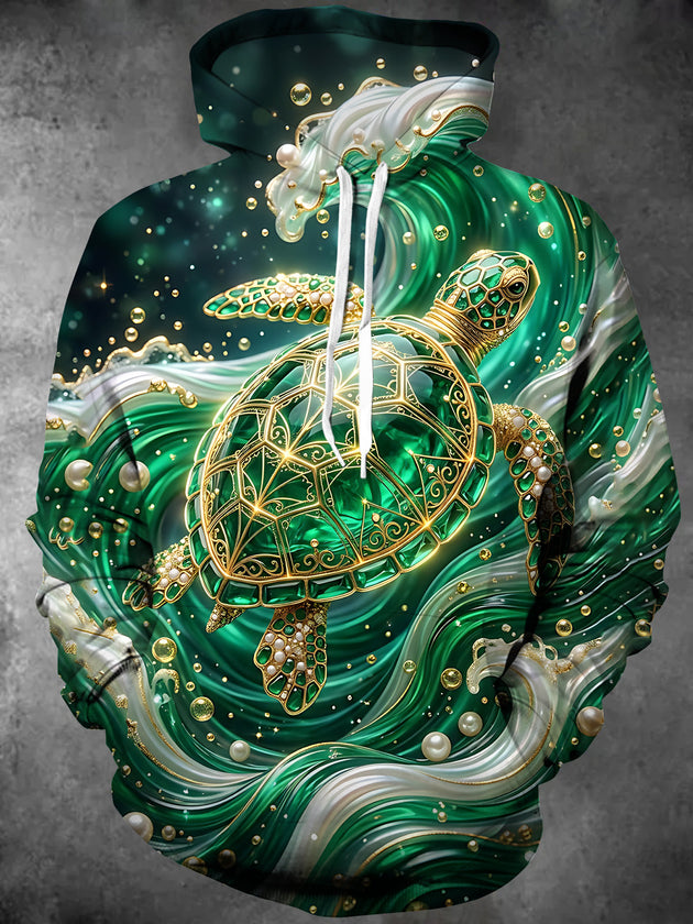 Adaychic Men's Long Sleeve Hoodie - Jeweled Sea Turtle With Ocean Waves And Pearls Print