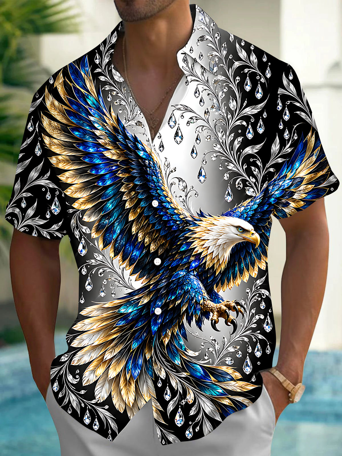 Adaychic Men's Eagle With Blue And Gold Feathers Print Short Sleeve Shirt with Chest Pocket
