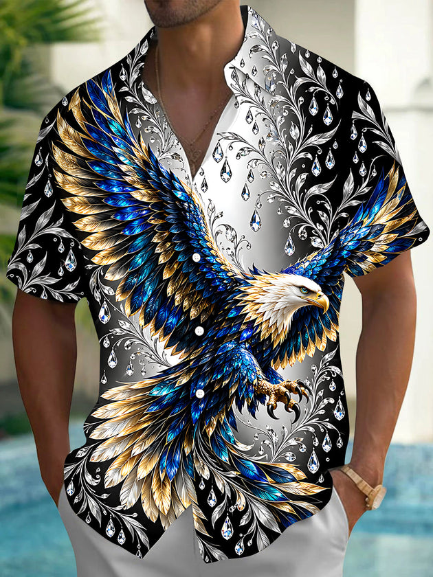 Adaychic Men's Eagle With Blue And Gold Feathers Print Short Sleeve Shirt with Chest Pocket