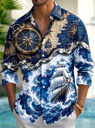 Adaychic Men's Vintage Nautical Map And Compass Print Long Sleeve Shirt with Chest Pocket