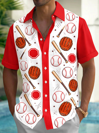Adaychic Men's Baseball Equipment And Home Plate Print Short Sleeve Shirt with Chest Pocket