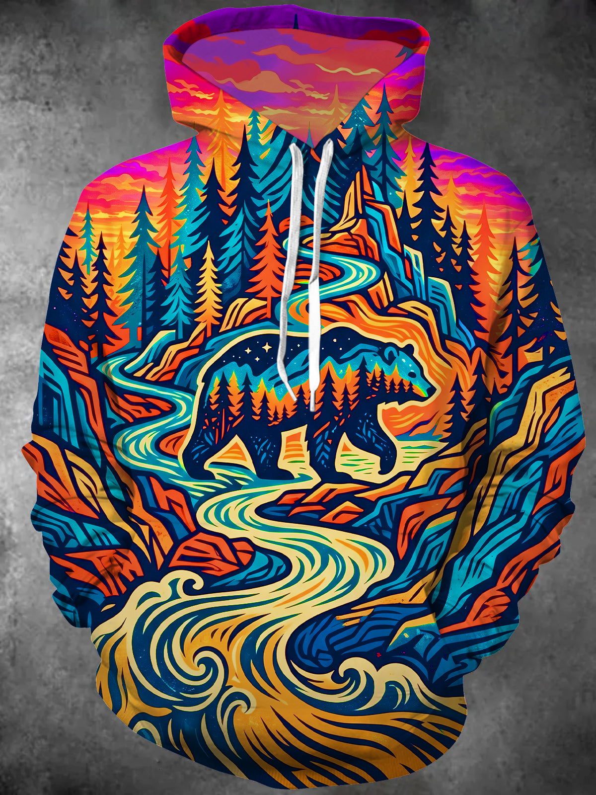 Adaychic Men's Graphic Bear And Mountain Landscape Print Long Sleeve Hoodie
