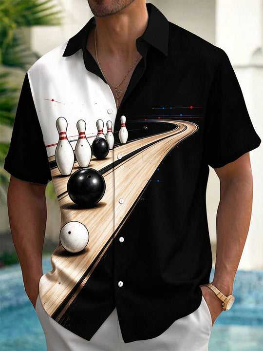 Adaychic Men's Bowling Pins And Bowling Balls On Lane Print Short Sleeve Shirt with Chest Pocket