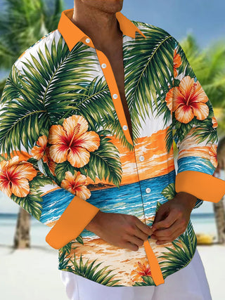 Adaychic Men's Hibiscus Flowers And Palm Leaves Print Long Sleeve Shirt with Chest Pocket
