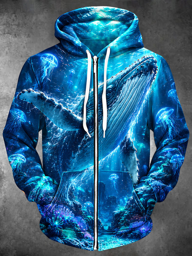 Adaychic Men's Long Sleeve Zip-Up Hoodie - Humpback Whale And Jellyfish Underwater Scene Print with Kangaroo Pocket
