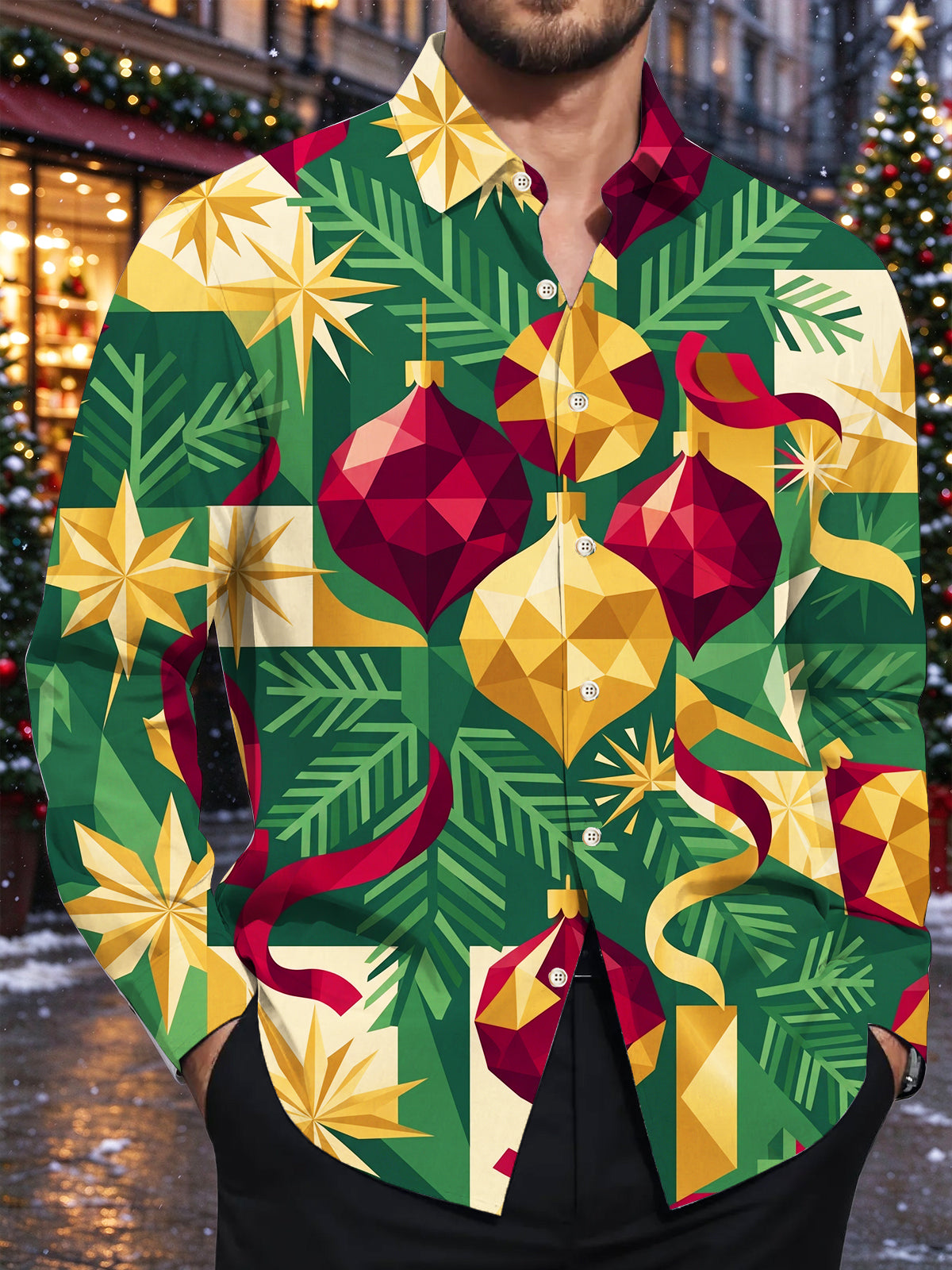 Adaychic Men's Long Sleeve Shirt - Geometric Christmas Ornaments And Pine Needles Print with Chest Pocket