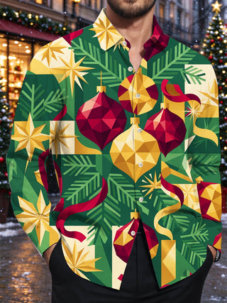 Adaychic Men's Long Sleeve Shirt - Geometric Christmas Ornaments And Pine Needles Print with Chest Pocket
