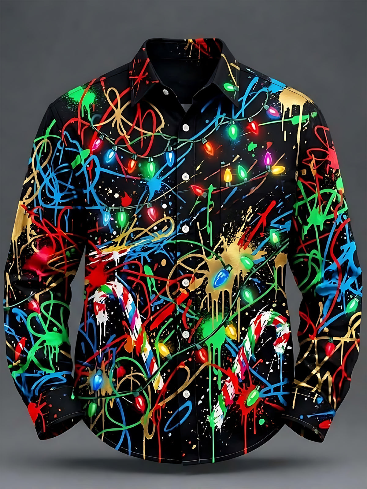 Adaychic Men's Long Sleeve Shirt - Graffiti Christmas Lights And Candy Canes Print with Chest Pocket