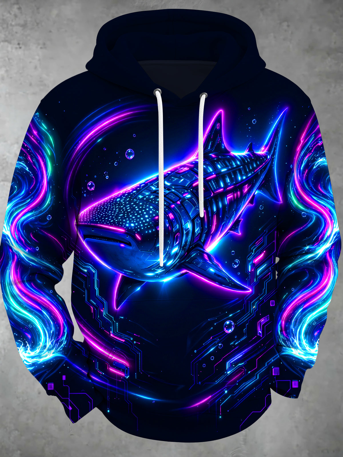 Adaychic Men's Graphic Neon Cyber Whale Shark Print Long Sleeve Hoodie