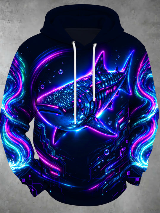 Adaychic Men's Graphic Neon Cyber Whale Shark Print Long Sleeve Hoodie
