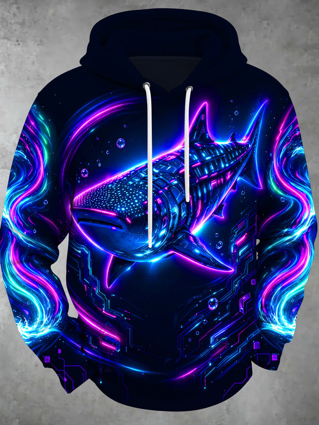 Adaychic Men's Graphic Neon Cyber Whale Shark Print Long Sleeve Hoodie