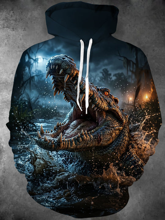 Adaychic Men's 3D 3D Crocodile Emerging From Water Print Long Sleeve Hoodie
