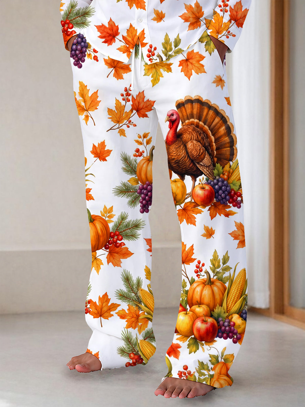 Adaychic Men's Drawstring Elastic-Waist Wide Leg Pants - Thanksgiving Turkey And Harvest Produce Print with Side Pockets
