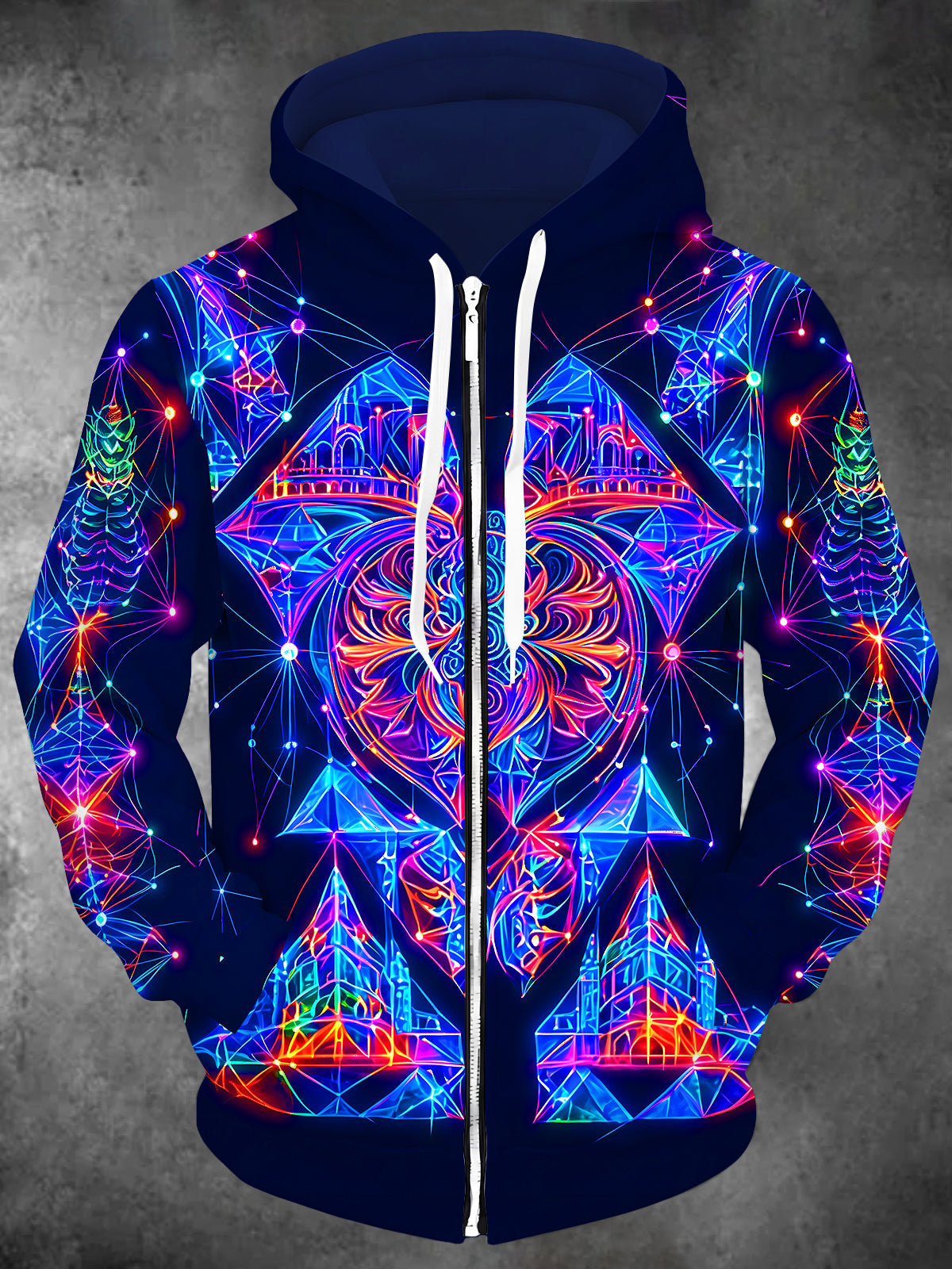 Adaychic Men's Neon Line Art Fantasy Castle Print Long Sleeve Zip-Up Hoodie