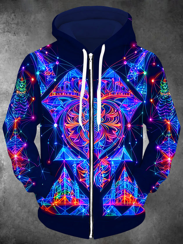 Adaychic Men's Neon Line Art Fantasy Castle Print Long Sleeve Zip-Up Hoodie