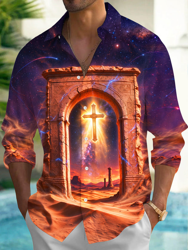 Adaychic Men's Long Sleeve Shirt - Desert Arch And Glowing Cross With Galaxy Sky Print with Chest Pocket