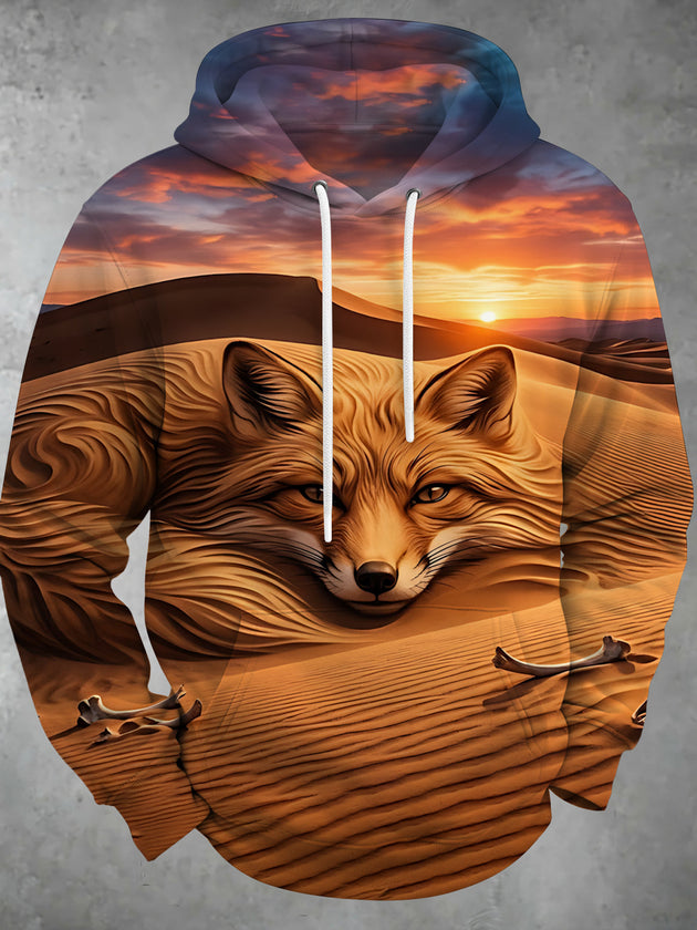 Adaychic Men's Fox In Desert Landscape With Sunset Print Long Sleeve Hoodie