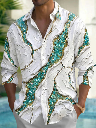 Adaychic Men's Printed Abstract Marble Texture Print Long Sleeve Shirt with Chest Pocket
