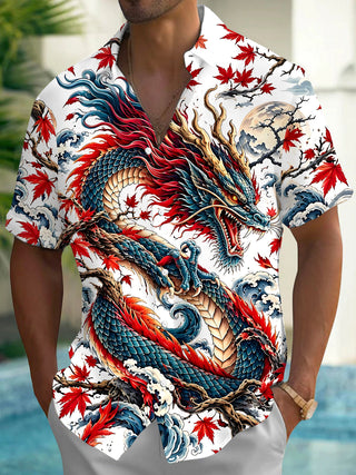 Adaychic Men's Hawaiian Dragon Print Maple Leaf Print Short Sleeve Shirt with Chest Pocket