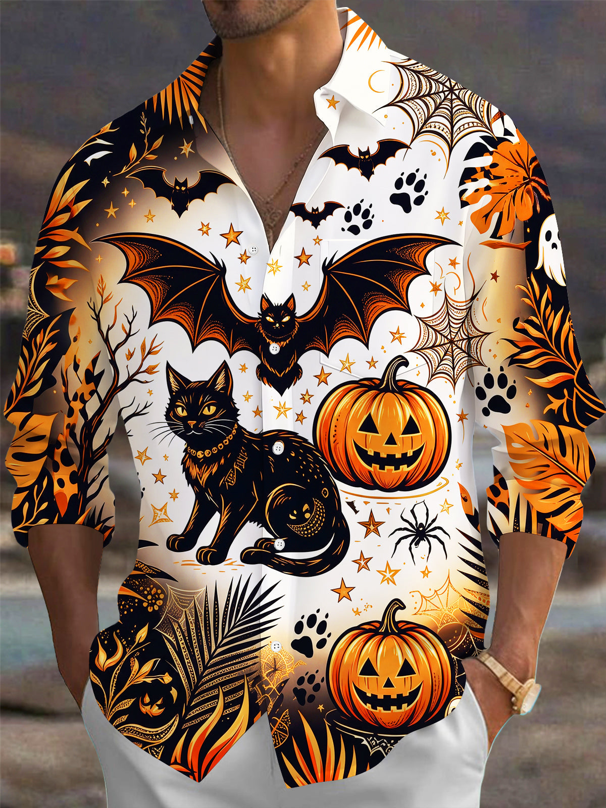Adaychic Men's Halloween Black Cats And Pumpkins Print Long Sleeve Shirt with Chest Pocket