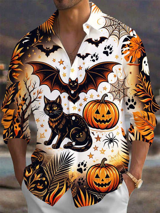Adaychic Men's Halloween Black Cats And Pumpkins Print Long Sleeve Shirt with Chest Pocket