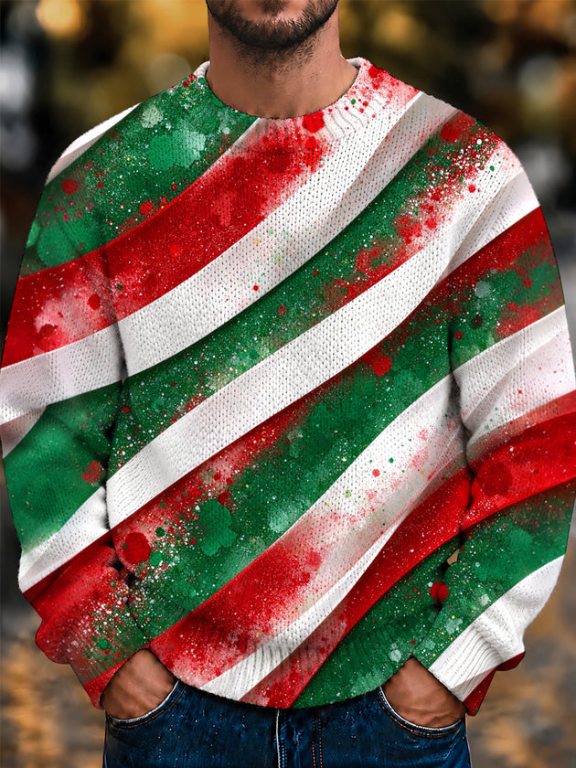 Adaychic Men's Long Sleeve Crew Neck Sweater - Christmas Diagonal Striped Pattern With Splatter