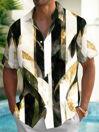 Adaychic Men's Abstract Gold Foil Geometric Shapes Print Short Sleeve Shirt with Chest Pocket
