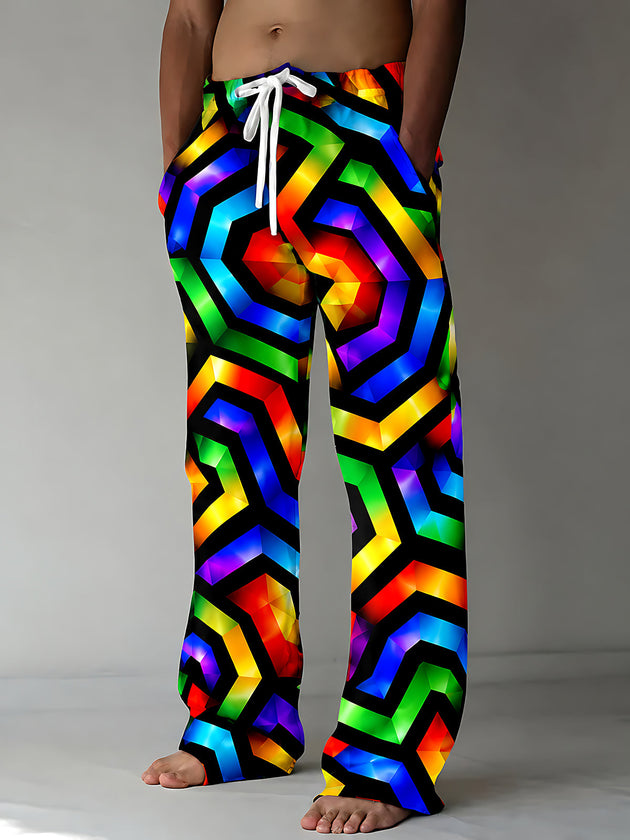 Adaychic Men's Patterned Neon Geometric Rainbow Hexagons Print Pants