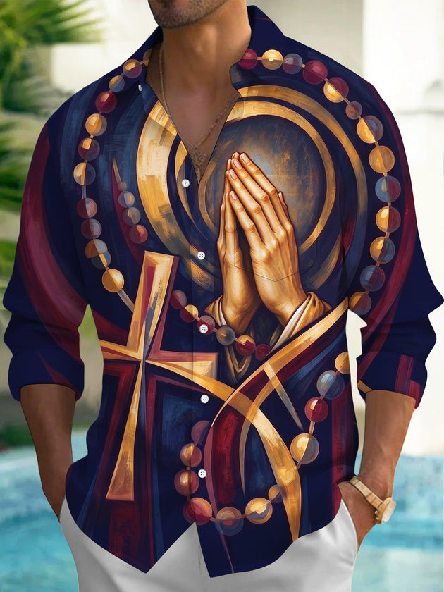 Adaychic Men's Graphic Praying Hands And Rosary Beads Print Long Sleeve Shirt with Chest Pocket