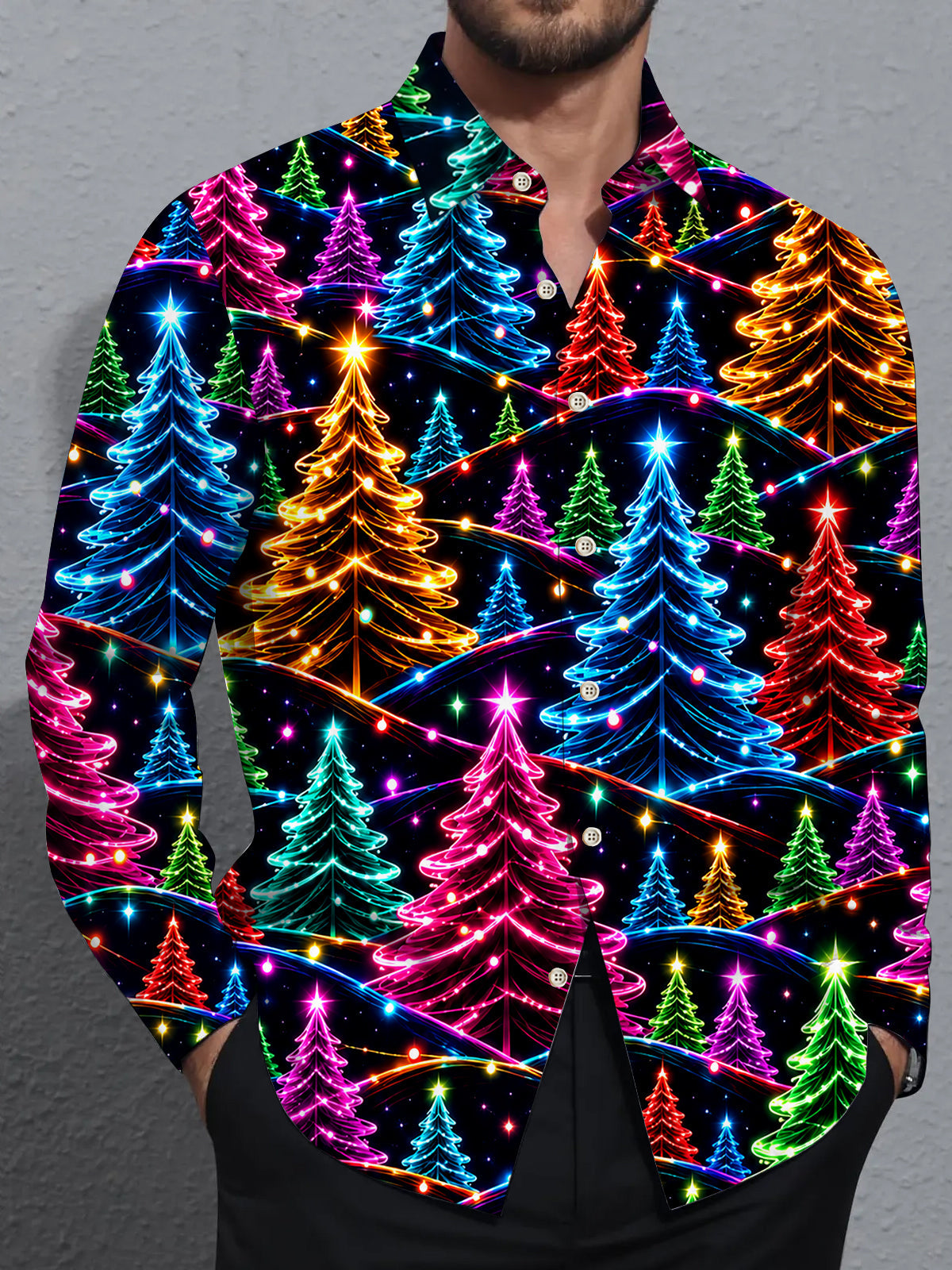 Adaychic Men's Graphic Neon Christmas Trees Print Long Sleeve Shirt with Chest Pocket