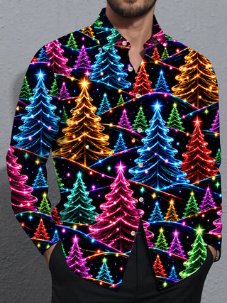 Adaychic Men's Graphic Neon Christmas Trees Print Long Sleeve Shirt with Chest Pocket