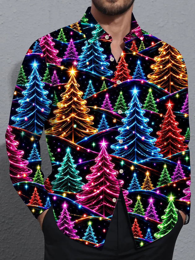 Adaychic Men's Graphic Neon Christmas Trees Print Long Sleeve Shirt with Chest Pocket