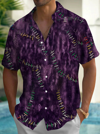 Adaychic Men's Short Sleeve Shirt - Purple Tie Dye With Colorful Stitching Pattern with Chest Pocket