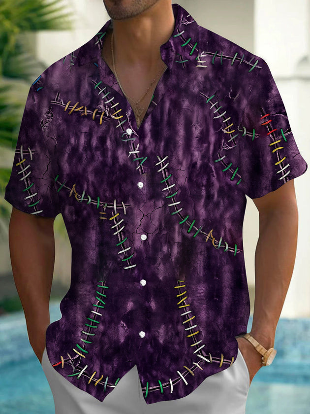 Adaychic Men's Short Sleeve Shirt - Purple Tie Dye With Colorful Stitching Pattern with Chest Pocket