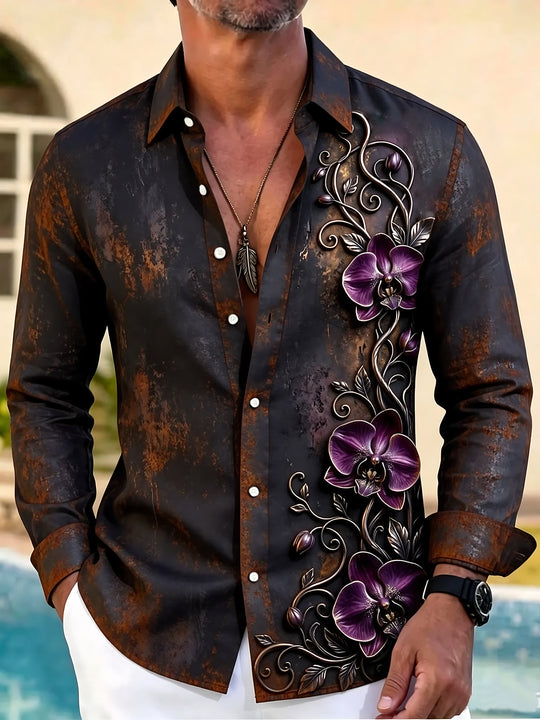 Adaychic Men's Purple Orchids And Metallic Vines Print Long Sleeve Shirt with Chest Pocket