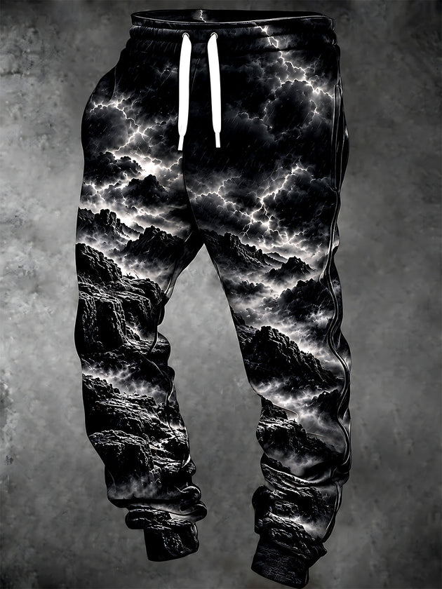 Adaychic Men's Graphic Mountain Landscape With Lightning Storm Print Pants