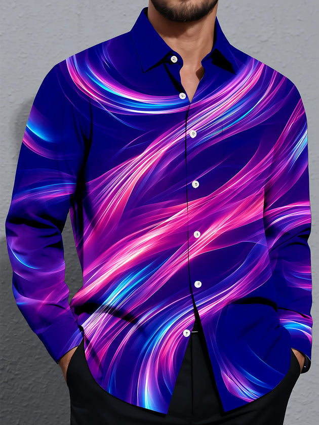 Adaychic Men's Patterned Abstract Wavy Light Streaks Print Long Sleeve Shirt with Chest Pocket