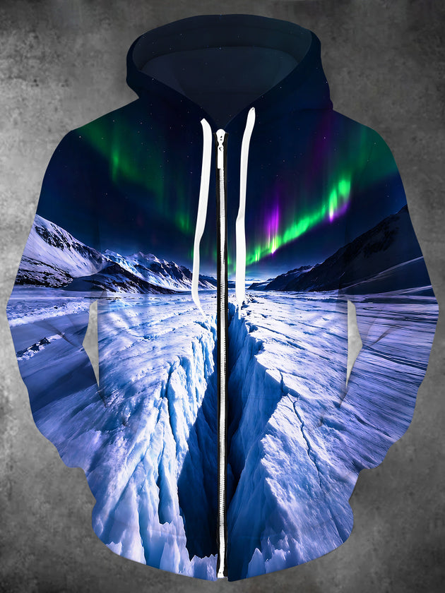 Adaychic Men's Long Sleeve Zip-Up Hoodie - Aurora Borealis And Glacial Canyon Print