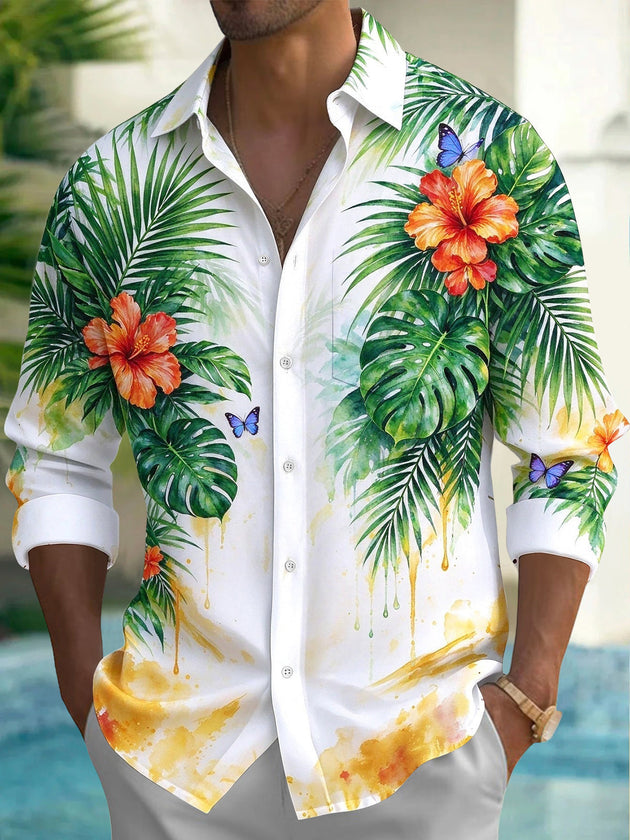Adaychic Men's Long Sleeve Shirt - Tropical Hibiscus Flowers And Palm Leaves Print with Chest Pocket