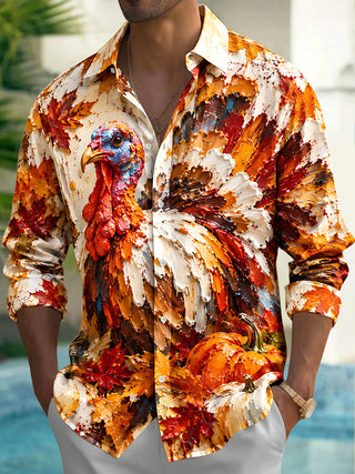 Adaychic Men's Long Sleeve Shirt - Thanksgiving Day Turkey And Autumn Leaves Print with Chest Pocket