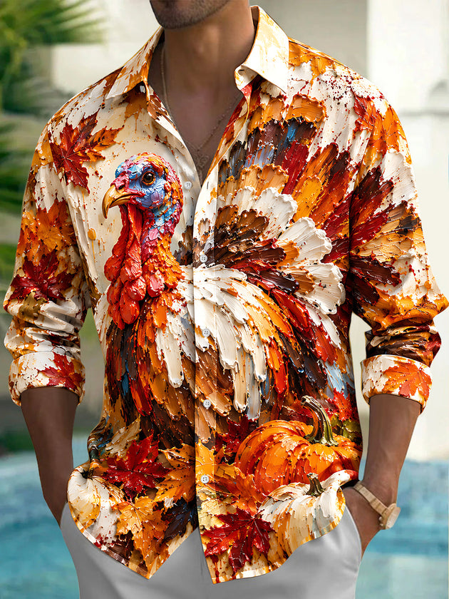 Adaychic Men's Long Sleeve Shirt - Thanksgiving Day Turkey And Autumn Leaves Print with Chest Pocket