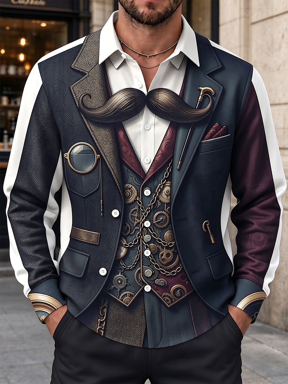Adaychic Men's Retro Steampunk Gears And Mustache Print Long Sleeve Shirt with Chest Pocket