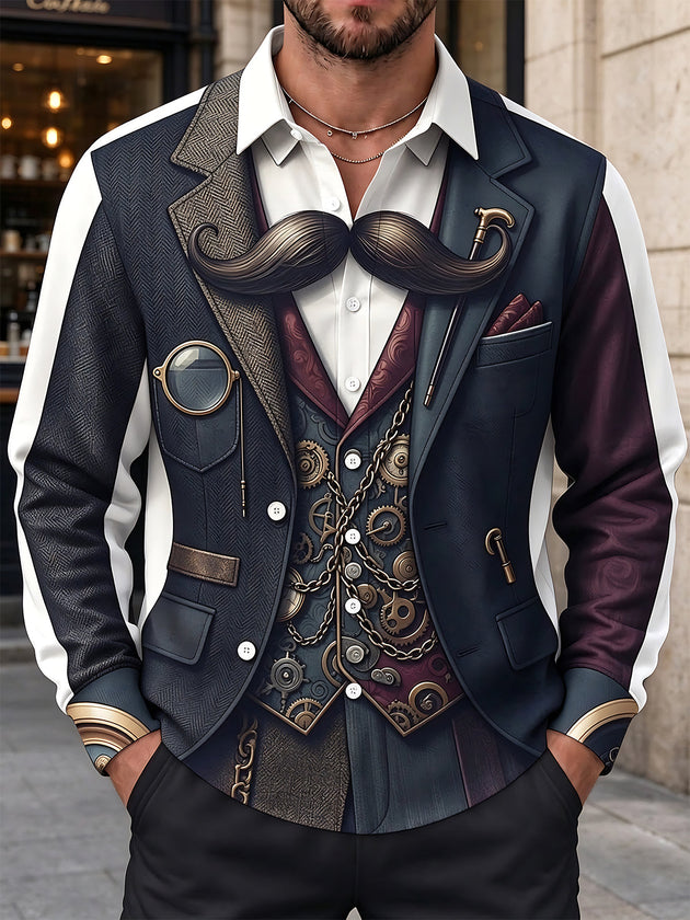 Adaychic Men's Retro Steampunk Gears And Mustache Print Long Sleeve Shirt with Chest Pocket