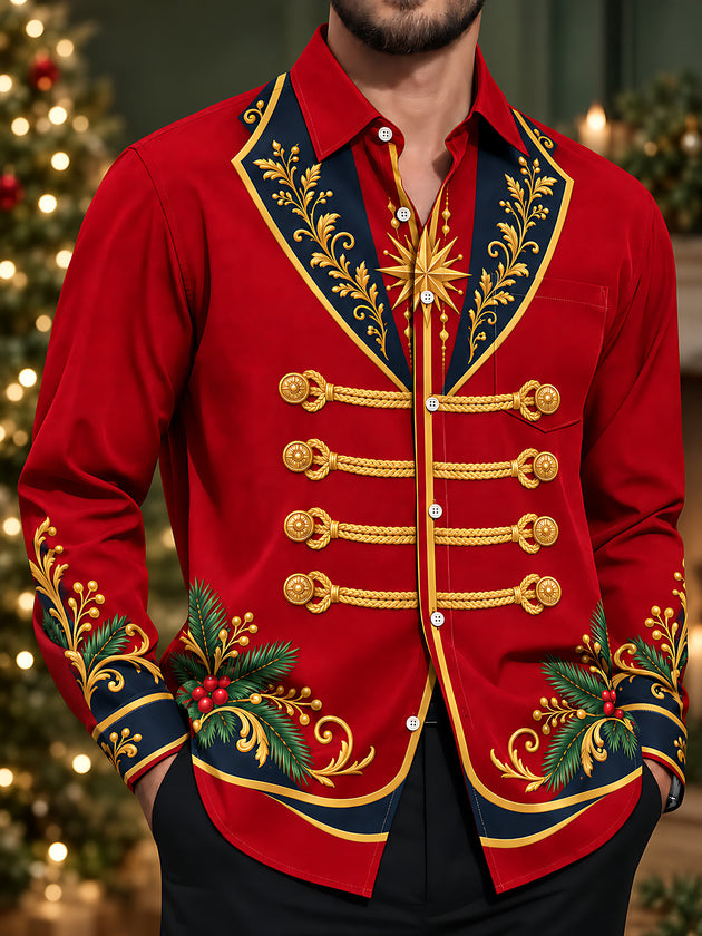Adaychic Men's Long Sleeve Shirt - Christmas Pine Branches And Berries With Gold Scrollwork Print with Chest Pocket