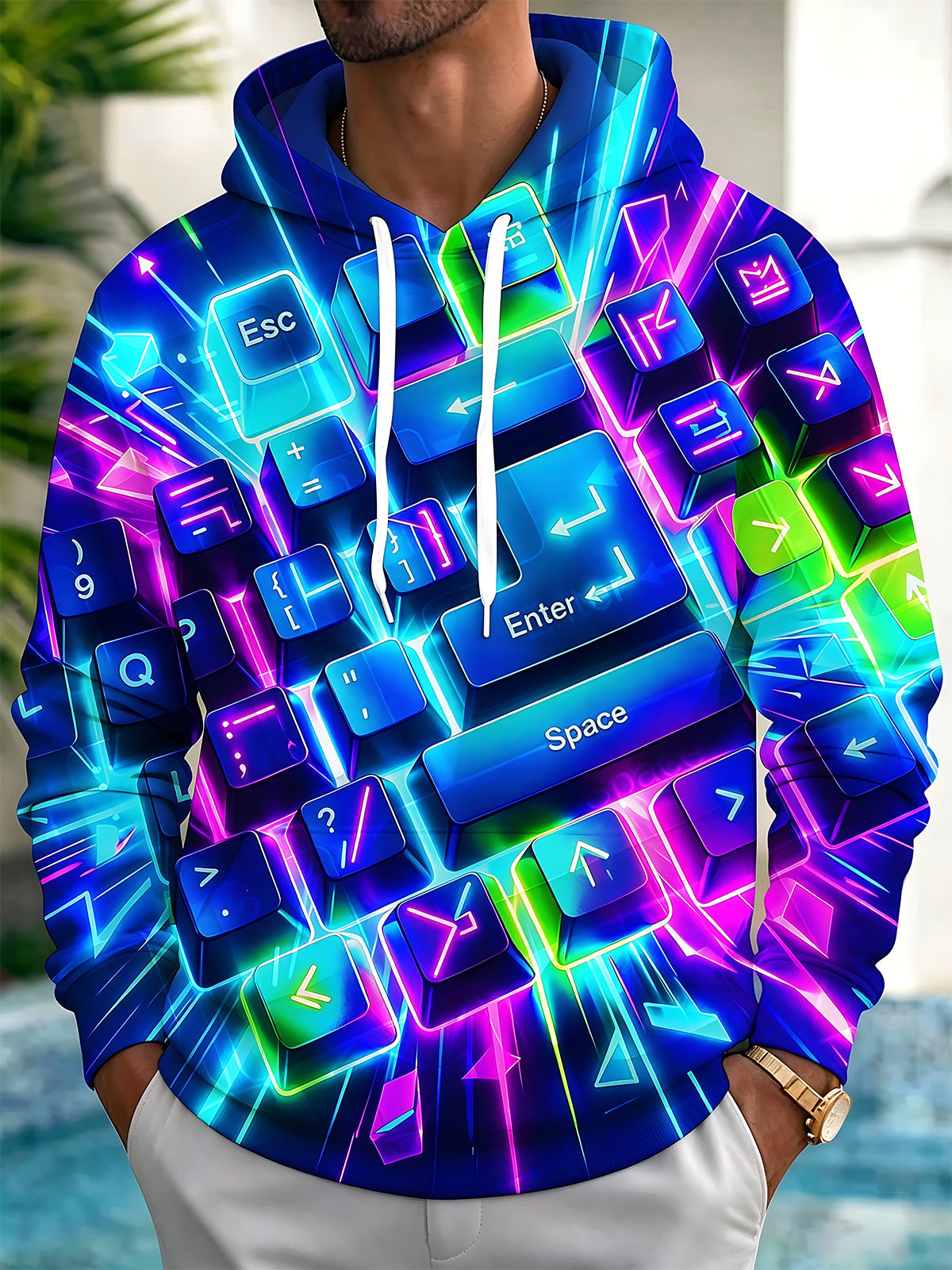 Adaychic Men's Graphic Neon Glowing Keyboard Keys Print Long Sleeve Hoodie