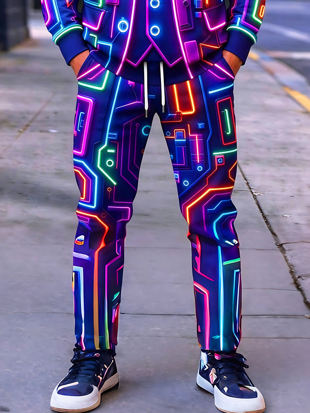 Adaychic Men's Graphic Neon Circuit Board Lines Print Pants