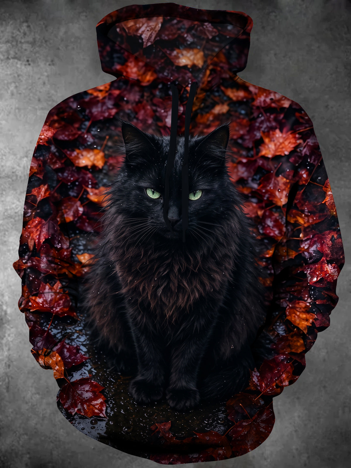 Adaychic Men's Black Cat With Autumn Leaves Print Long Sleeve Pullover Hoodie with Kangaroo Pocket