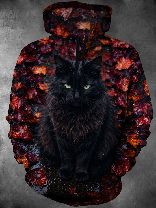 Adaychic Men's Black Cat With Autumn Leaves Print Long Sleeve Pullover Hoodie with Kangaroo Pocket